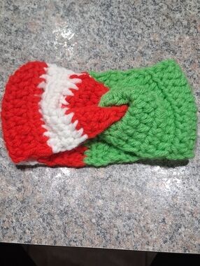 Handmade Crochet Headband in Green with Red & White Accent